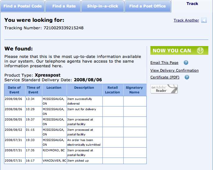 La schermata del registro dinseguimento on-line per un pacco consegnato da Canada Post Express a Mississauga, ON, Canada