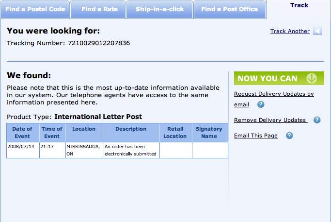 La schermata del registro dinseguimento on-line per un pacco spedito da Canada Post con il servizio Internazionale senza del numero dinseguimento