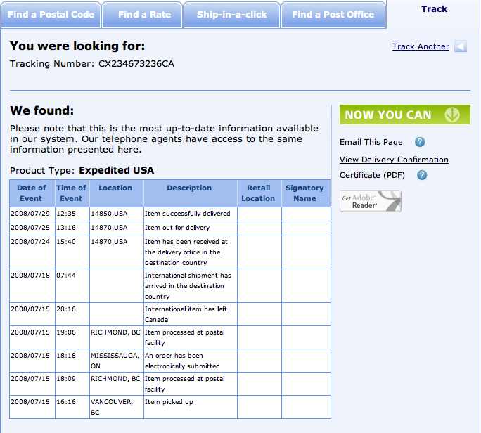 La schermata del registro dinseguimento on-line per un pacco consegnato da Canada Post Accelerata US a Ithaca, NY, USA