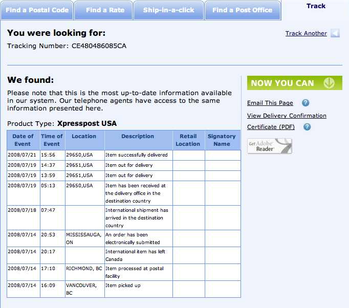 La schermata del registro dinseguimento on-line per un pacco consegnato da Canada Post Express US a Greer, SC, USA