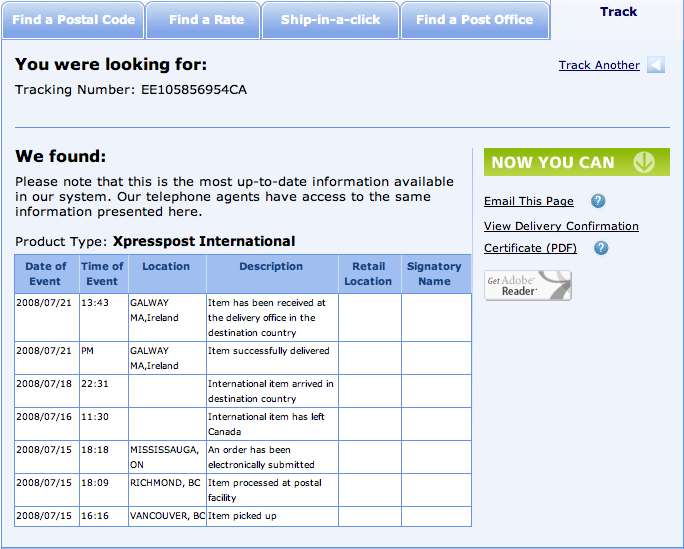 La schermata del registro dinseguimento on-line per un pacco consegnato da Canada Post Express Internazionale a Irlanda